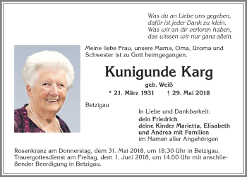 Traueranzeige von Kunigunde Karg von Allgäuer Zeitung,Kempten