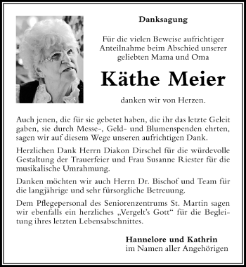Traueranzeige von Käthe Meier von Der Westallgäuer