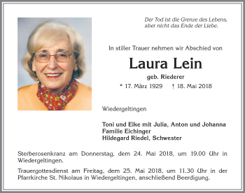 Traueranzeige von Laura Lein von Allgäuer Zeitung