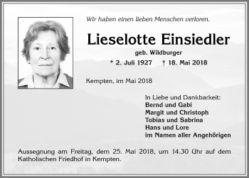 Traueranzeige von Lieselotte Einsiedler von Allgäuer Zeitung,Kempten