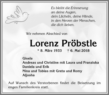 Traueranzeige von Lorenz Pröbstle von Allgäuer Zeitung, Marktoberdorf