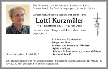 Traueranzeige von Lotti Kurzmiller von Allgäuer Anzeigeblatt