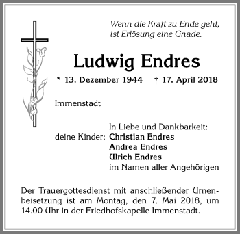 Traueranzeige von Ludwig Endres von Allgäuer Anzeigeblatt