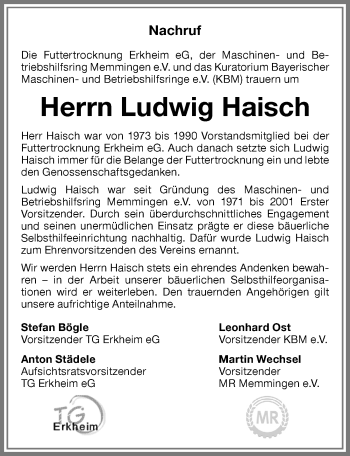 Traueranzeige von Ludwig Haisch von Memminger Zeitung