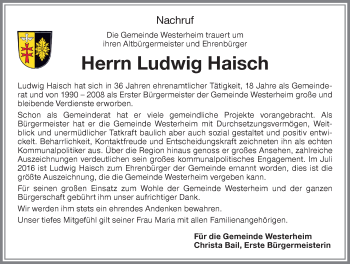 Traueranzeige von Ludwig Haisch von Memminger Zeitung