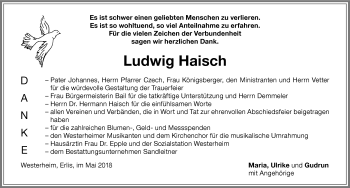 Traueranzeige von Ludwig Haisch von Memminger Zeitung
