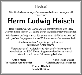 Traueranzeige von Ludwig Haisch von Allgäuer Anzeigeblatt