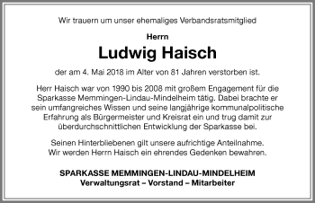 Traueranzeige von Ludwig Haisch von Memminger Zeitung