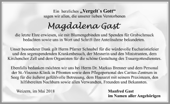 Traueranzeige von Magdalena Gast von Allgäuer Zeitung, Füssen