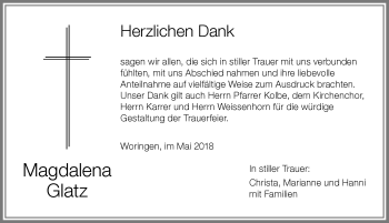 Traueranzeige von Magdalena Glatz von Memminger Zeitung