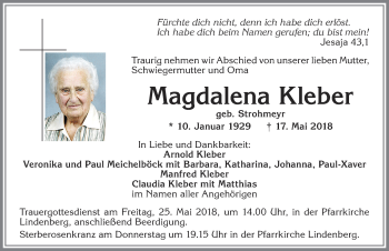 Traueranzeige von Magdalena Kleber von Allgäuer Zeitung, Kaufbeuren/Buchloe