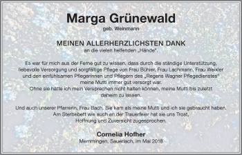 Traueranzeige von Marga Grünewald von Memminger Zeitung