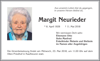 Traueranzeige von Margit Neurieder von Allgäuer Zeitung, Kaufbeuren/Buchloe
