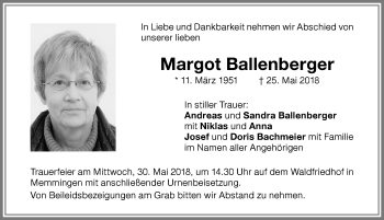 Traueranzeige von Margot Ballenberger von Memminger Zeitung