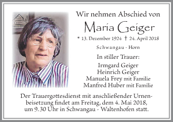 Traueranzeige von Maria Geiger von Allgäuer Zeitung, Füssen