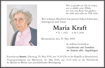 Traueranzeige von Maria Kraft von Der Westallgäuer