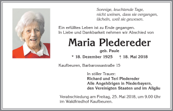 Traueranzeige von Maria Pledereder von Allgäuer Zeitung, Kaufbeuren/Buchloe