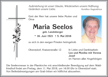 Traueranzeige von Maria Seelos von Allgäuer Anzeigeblatt