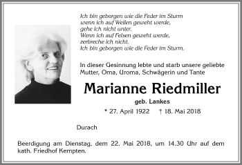 Traueranzeige von Marianne Riedmiller von Allgäuer Zeitung,Kempten