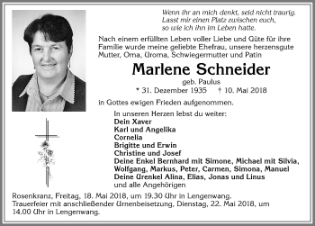 Traueranzeige von Marlene Schneider von Allgäuer Zeitung, Marktoberdorf