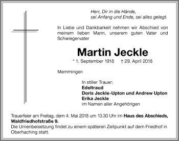 Traueranzeige von Martin Jeckle von Memminger Zeitung