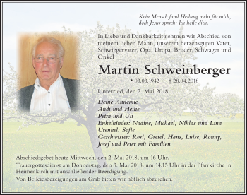 Traueranzeige von Martin Schweinberger von Der Westallgäuer