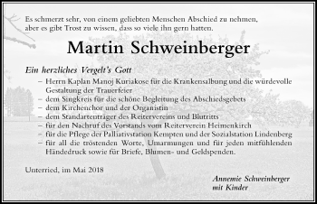 Traueranzeige von Martin Schweinberger von Der Westallgäuer