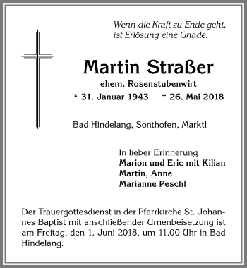 Traueranzeige von Martin Straßer von Allgäuer Anzeigeblatt