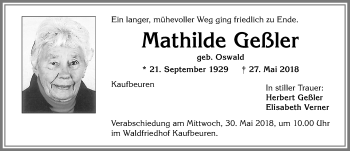 Traueranzeige von Mathilde Geßler von Allgäuer Zeitung, Kaufbeuren/Buchloe