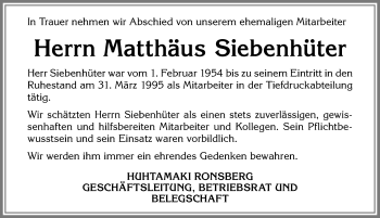 Traueranzeige von Matthäus Siebenhüter von Allgäuer Zeitung, Marktoberdorf