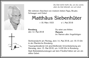 Traueranzeige von Matthäus Siebenhüter von Allgäuer Zeitung, Marktoberdorf