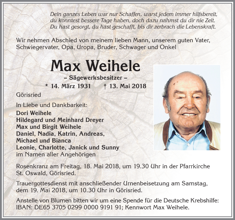  Traueranzeige für Max Weihele vom 16.05.2018 aus Allgäuer Zeitung, Gesamtausgabe
