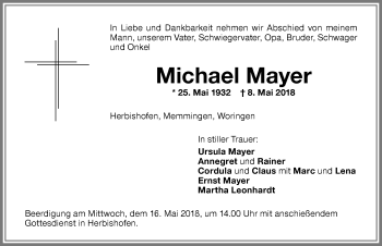 Traueranzeige von Michael Mayer von Memminger Zeitung
