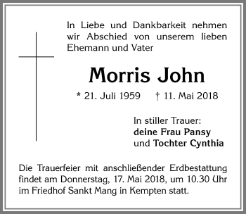 Traueranzeige von Morris John von Allgäuer Zeitung,Kempten