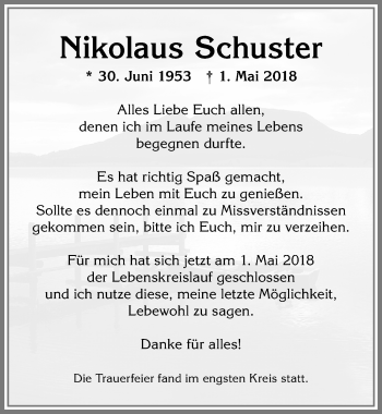 Traueranzeige von Nikolaus Schuster von Allgäuer Zeitung,Kempten