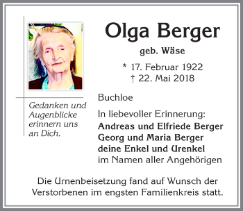 Traueranzeige von Olga Berger von Allgäuer Zeitung, Kaufbeuren/Buchloe