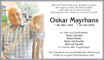 Traueranzeige von Oskar Mayrhans von Allgäuer Zeitung, Füssen