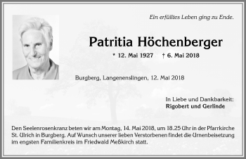 Traueranzeige von Patritia Höchenberger von Allgäuer Anzeigeblatt