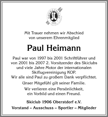 Traueranzeige von Paul Heimann von Allgäuer Anzeigeblatt