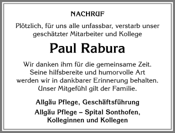 Traueranzeige von Paul Rabura von Allgäuer Anzeigeblatt