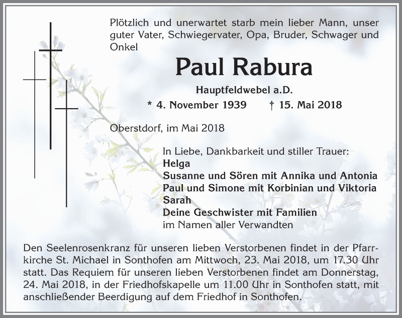  Traueranzeige für Paul Rabura vom 22.05.2018 aus Allgäuer Anzeigeblatt