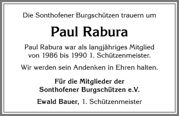Traueranzeige von Paul Rabura von Allgäuer Anzeigeblatt