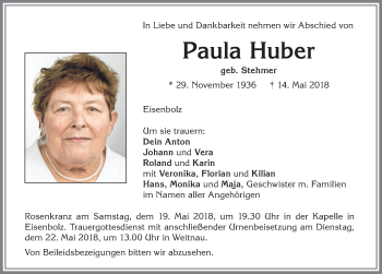 Traueranzeige von Paula Huber von Allgäuer Zeitung,Kempten