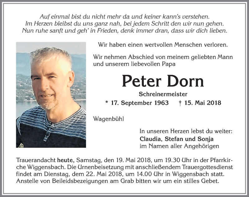  Traueranzeige für Peter Dorn vom 19.05.2018 aus Allgäuer Zeitung,Kempten