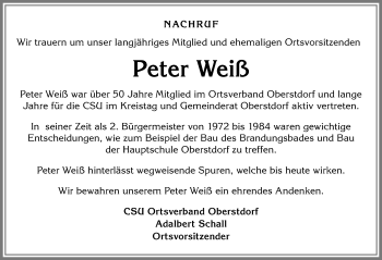 Traueranzeige von Peter Weiß von Allgäuer Anzeigeblatt