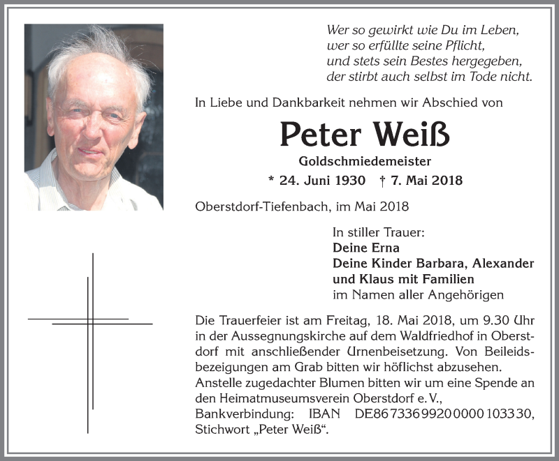  Traueranzeige für Peter Weiß vom 15.05.2018 aus Allgäuer Anzeigeblatt