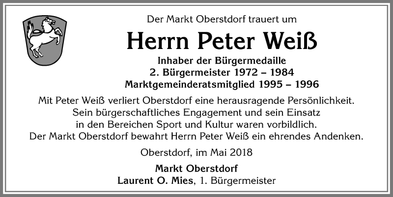  Traueranzeige für Peter Weiß vom 15.05.2018 aus Allgäuer Anzeigeblatt