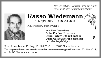 Traueranzeige von Rasso Wiedemann von Allgäuer Zeitung, Kaufbeuren/Buchloe