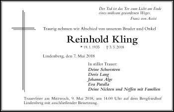 Traueranzeige von Reinhild Kling von Der Westallgäuer