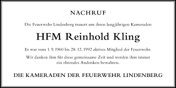 Traueranzeige von Reinhold Kling von Der Westallgäuer